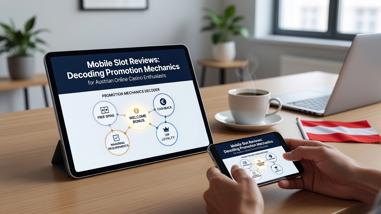 Tablet screen showing slot review dashboard with promotion breakdown charts and regulatory compliance badges